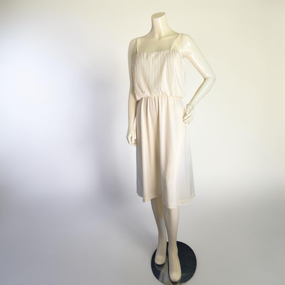 Vintage 70s Grecian Goddess Midi Dress M Cream Accordion Pleated‎ Blouson M